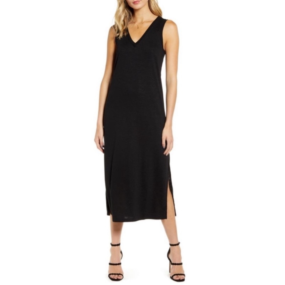 Paige Knit V Neck Tank Slit Midi Dress Black Medium M